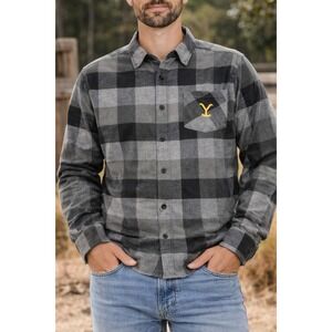 NWOT Yellowstone Dutton Ranch Flannel Shirt Men's L Gray Black Plaid Button Down
